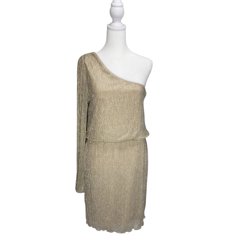 Bisou Bisou Gold One Shoulder Metallic Mini Dress Sz 12 Cocktail Party Glam